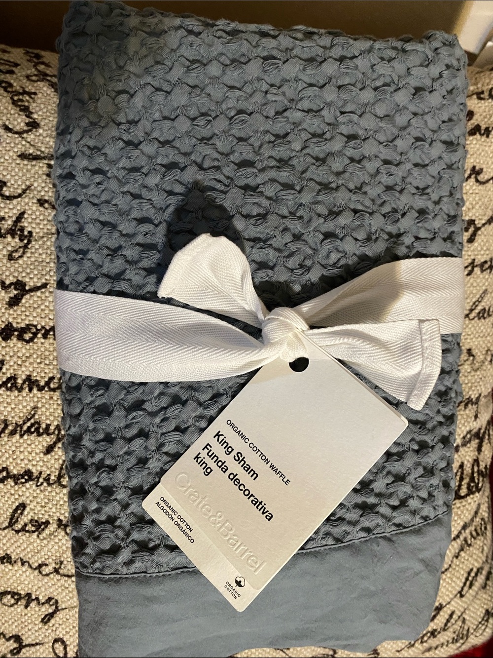 Crate&Barrel Organic Cotton Waffle Shadow King Pillow Sham, Smoke Blue, Sz 20x36